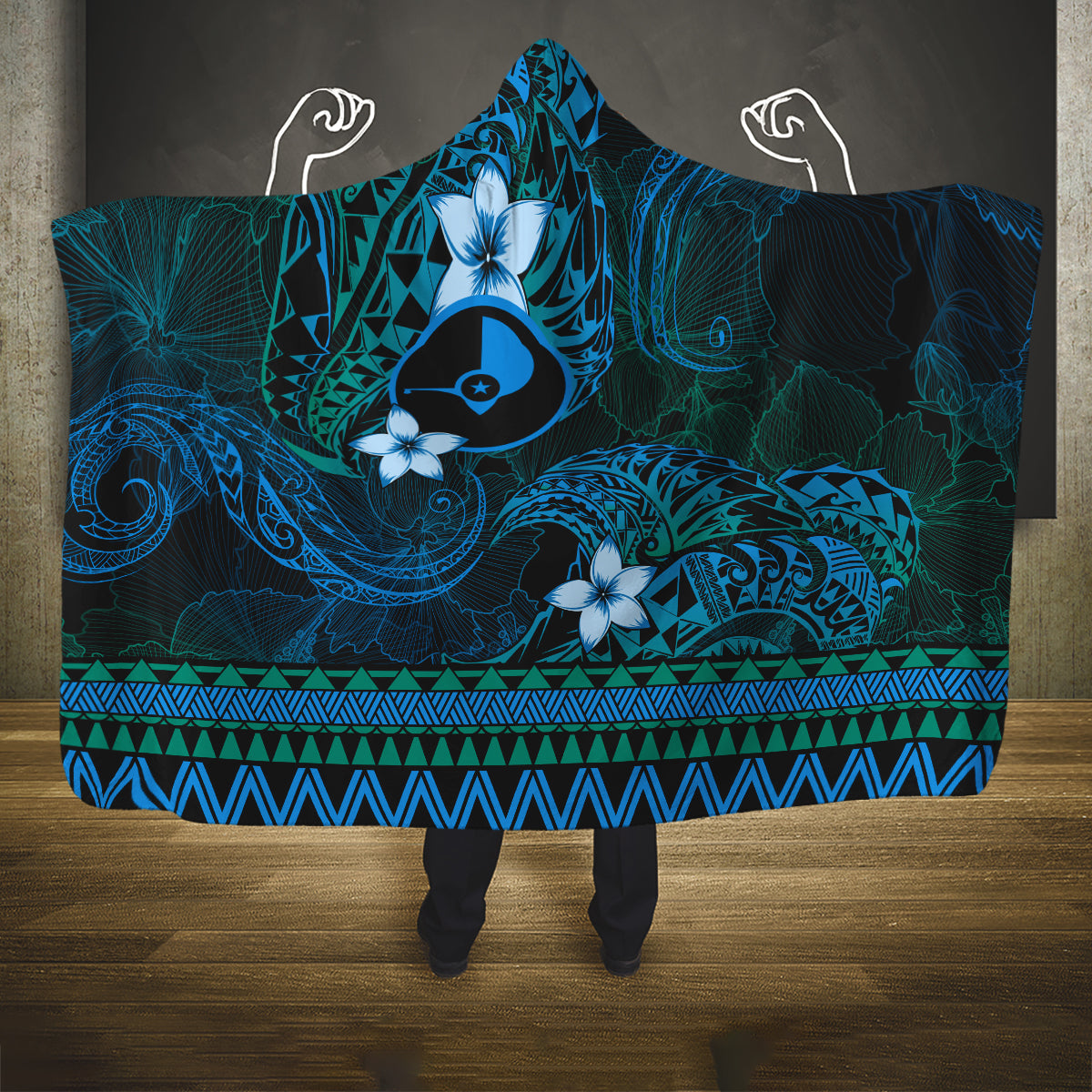 FSM Yap State Hooded Blanket Tribal Pattern Ocean Version