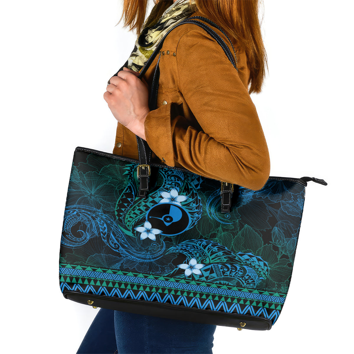 FSM Yap State Leather Tote Bag Tribal Pattern Ocean Version