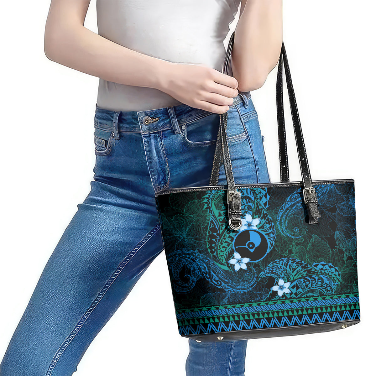 FSM Yap State Leather Tote Bag Tribal Pattern Ocean Version