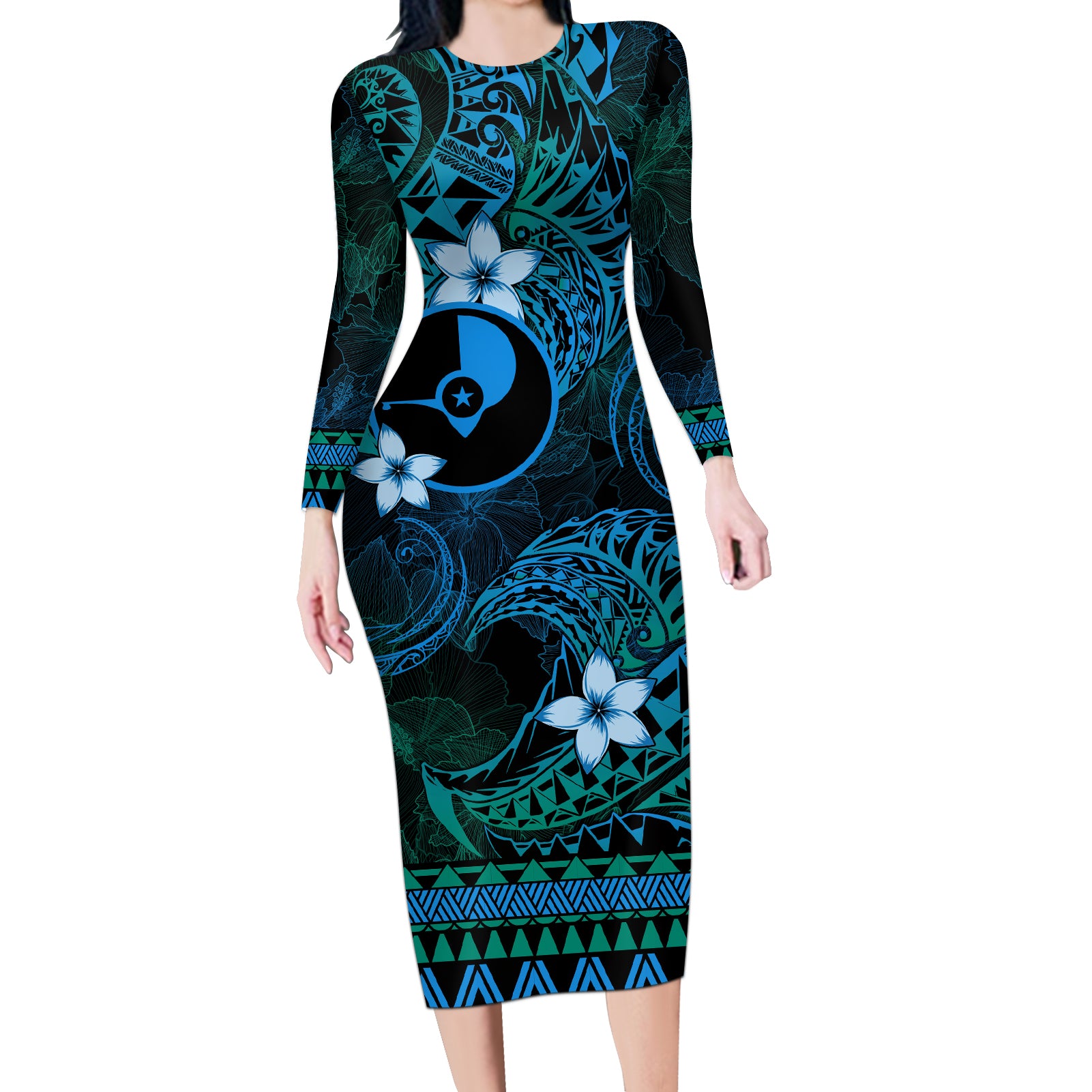 FSM Yap State Long Sleeve Bodycon Dress Tribal Pattern Ocean Version LT01 Long Dress Blue - Polynesian Pride