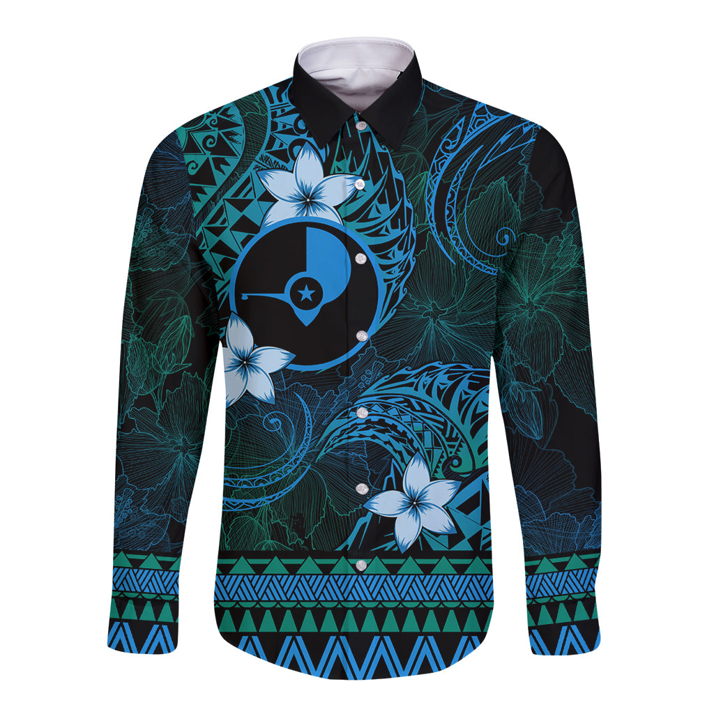 FSM Yap State Long Sleeve Button Shirt Tribal Pattern Ocean Version LT01 Unisex Blue - Polynesian Pride