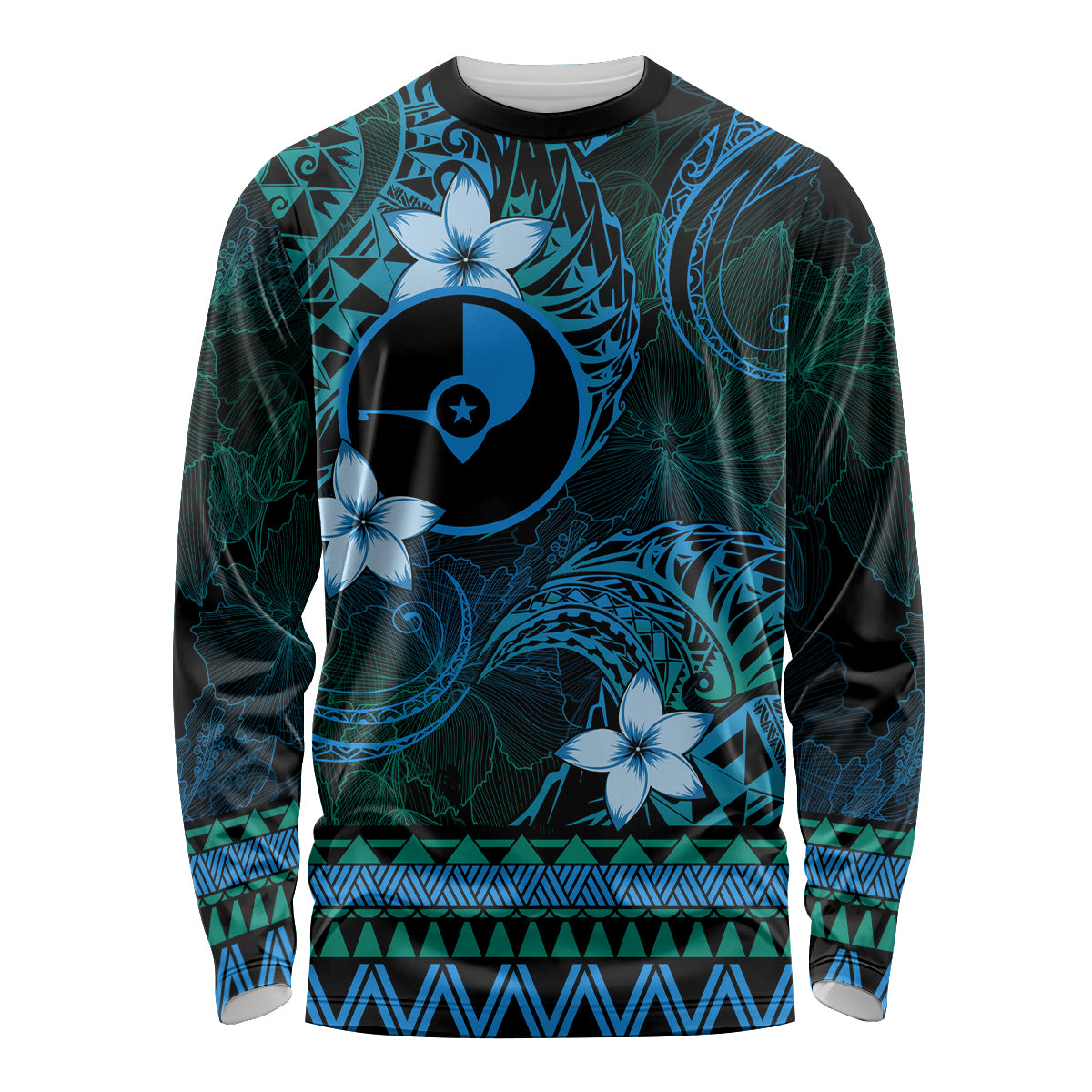 FSM Yap State Long Sleeve Shirt Tribal Pattern Ocean Version LT01 Unisex Blue - Polynesian Pride