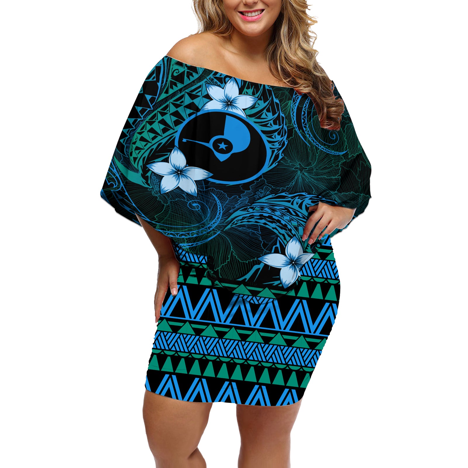 FSM Yap State Off Shoulder Short Dress Tribal Pattern Ocean Version LT01 Women Blue - Polynesian Pride