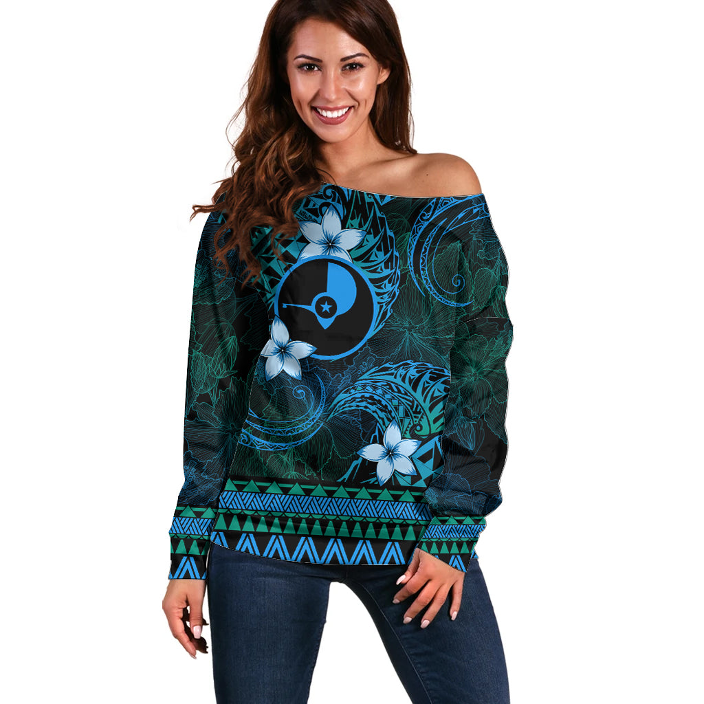 FSM Yap State Off Shoulder Sweater Tribal Pattern Ocean Version LT01 Women Blue - Polynesian Pride