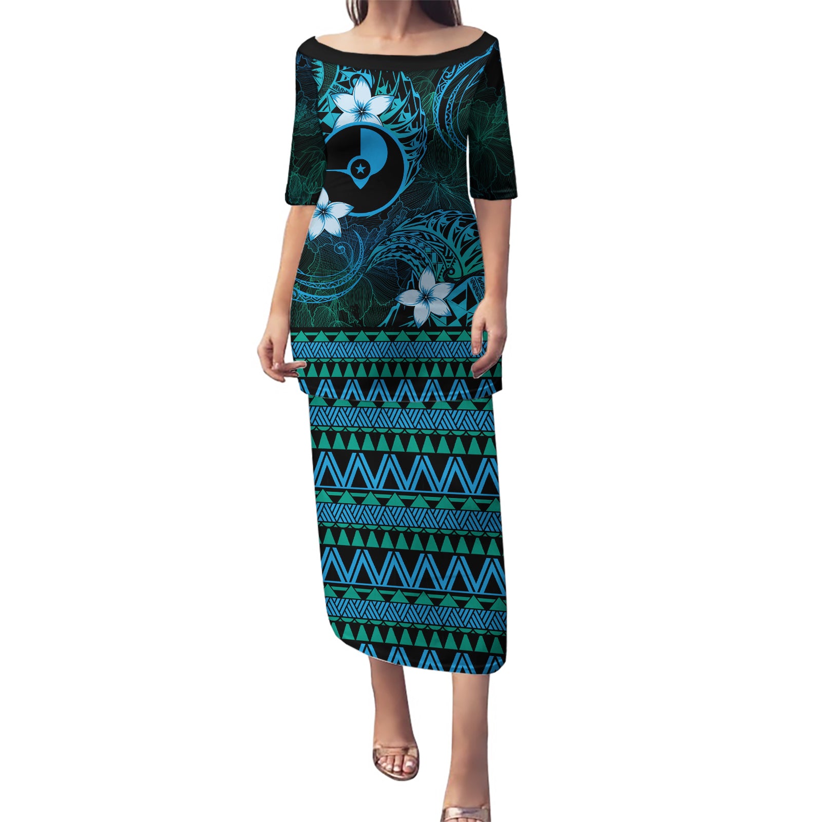 FSM Yap State Puletasi Tribal Pattern Ocean Version LT01 Long Dress Blue - Polynesian Pride