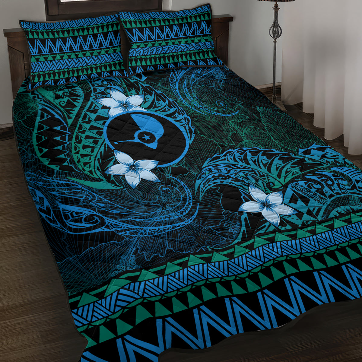 FSM Yap State Quilt Bed Set Tribal Pattern Ocean Version