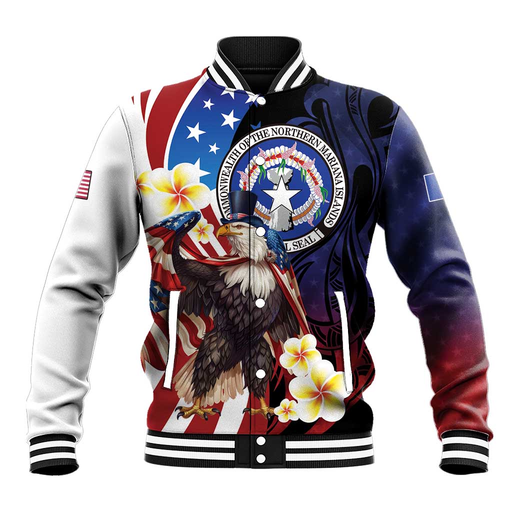 Personalized Northern Mariana Islands 4th of July Baseball Jacket Plumeria USA Eagle LT01 Unisex Multicolor - Polynesian Pride