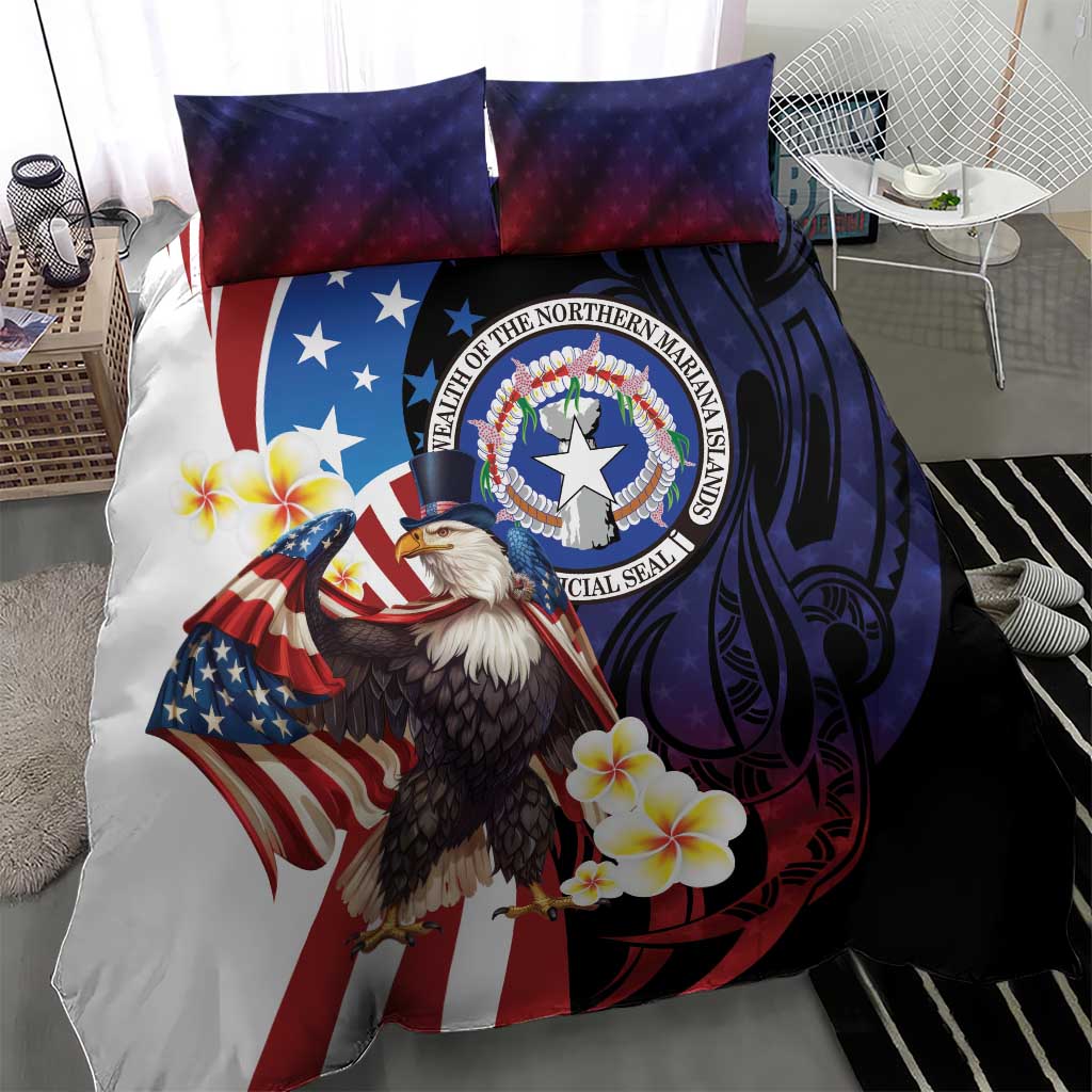 Northern Mariana Islands 4th of July Bedding Set Plumeria USA Eagle