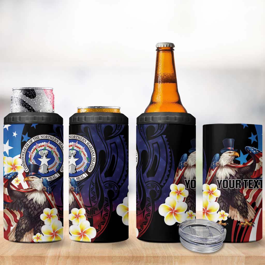Personalized Northern Mariana Islands 4th of July 4 in 1 Can Cooler Tumbler Plumeria USA Eagle