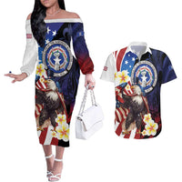 Personalized Northern Mariana Islands 4th of July Couples Matching Off The Shoulder Long Sleeve Dress and Hawaiian Shirt Plumeria USA Eagle
