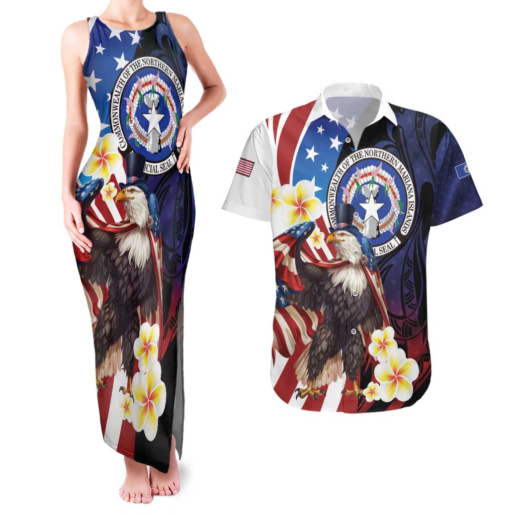 Personalized Northern Mariana Islands 4th of July Couples Matching Tank Maxi Dress and Hawaiian Shirt Plumeria USA Eagle