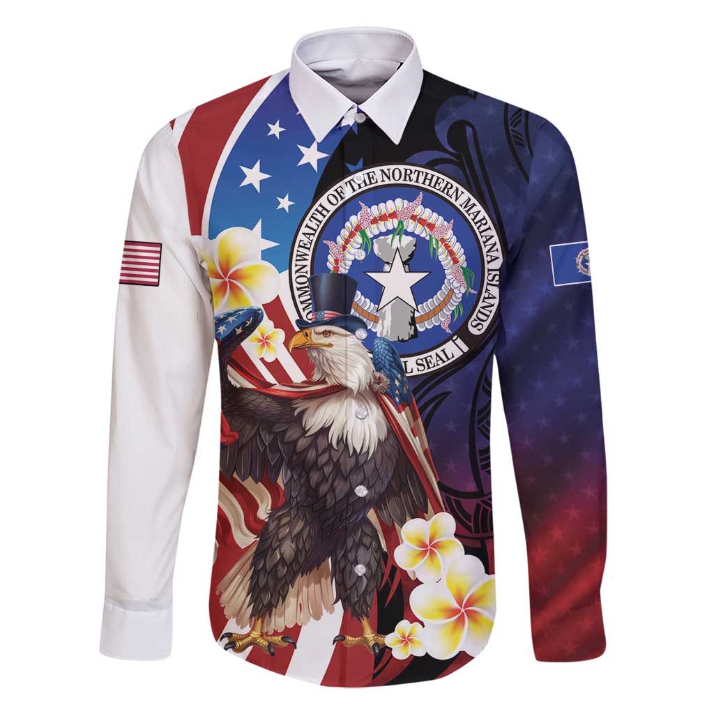 Personalized Northern Mariana Islands 4th of July Family Matching Long Sleeve Bodycon Dress and Hawaiian Shirt Plumeria USA Eagle