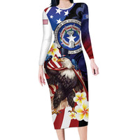 Personalized Northern Mariana Islands 4th of July Family Matching Long Sleeve Bodycon Dress and Hawaiian Shirt Plumeria USA Eagle