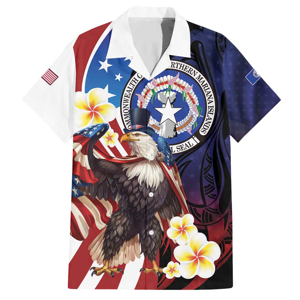 Personalized Northern Mariana Islands 4th of July Family Matching Off Shoulder Short Dress and Hawaiian Shirt Plumeria USA Eagle