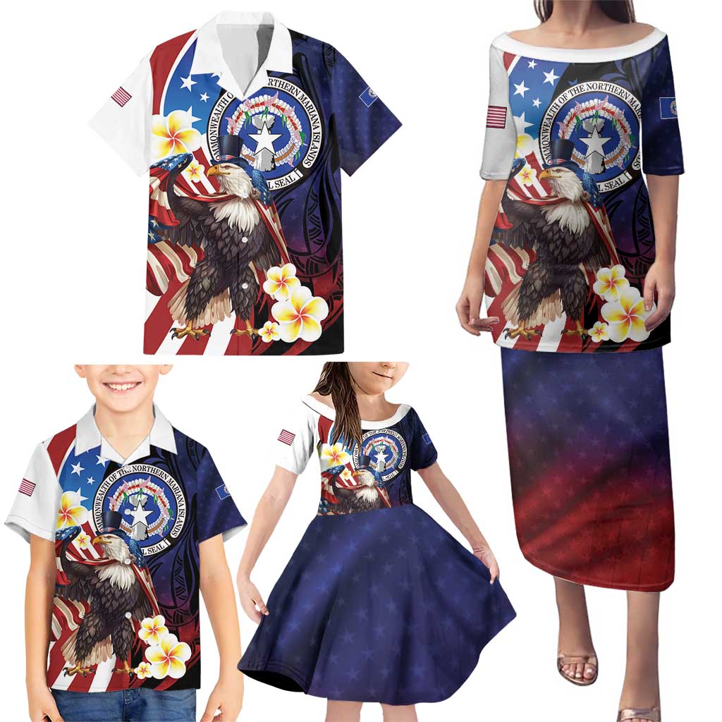 Personalized Northern Mariana Islands 4th of July Family Matching Puletasi and Hawaiian Shirt Plumeria USA Eagle