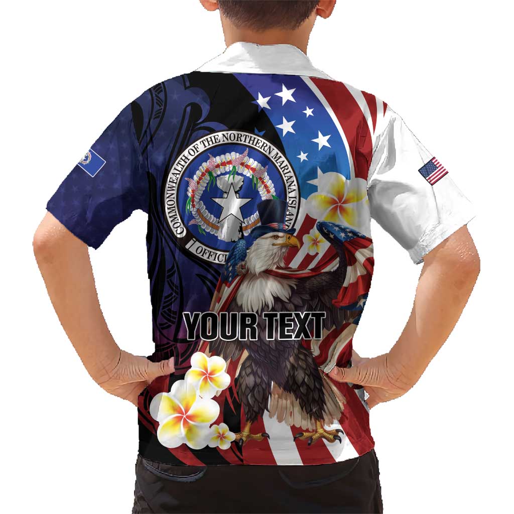 Personalized Northern Mariana Islands 4th of July Family Matching Short Sleeve Bodycon Dress and Hawaiian Shirt Plumeria USA Eagle