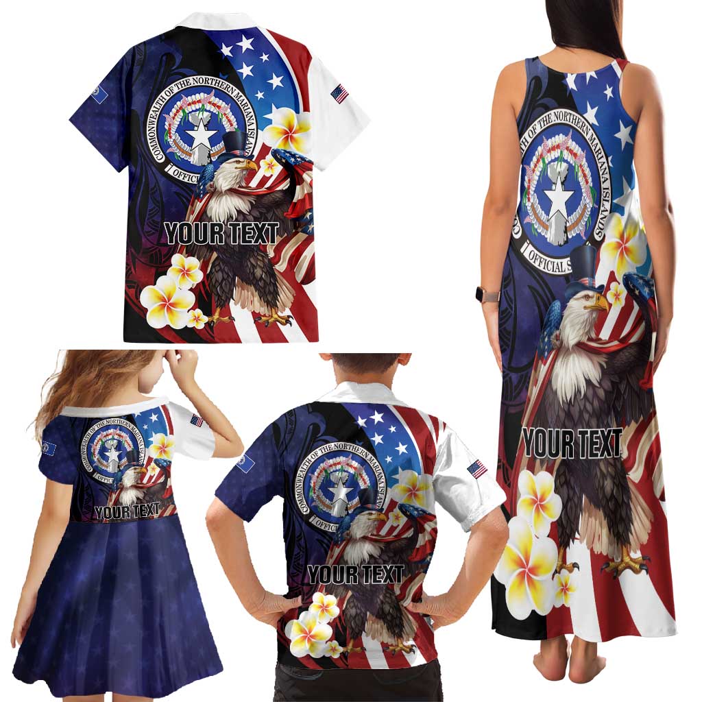 Personalized Northern Mariana Islands 4th of July Family Matching Tank Maxi Dress and Hawaiian Shirt Plumeria USA Eagle