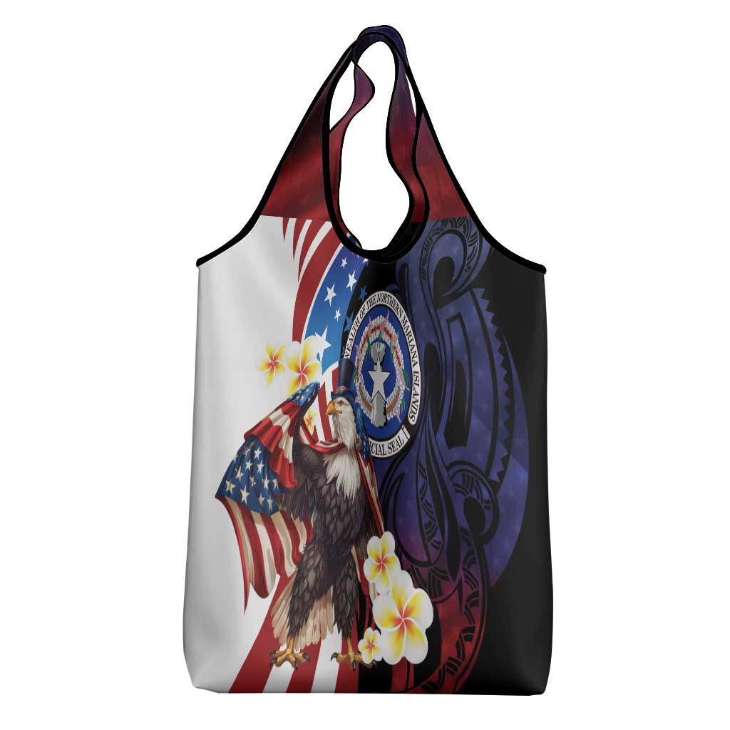 Northern Mariana Islands 4th of July Grocery Bag Plumeria USA Eagle