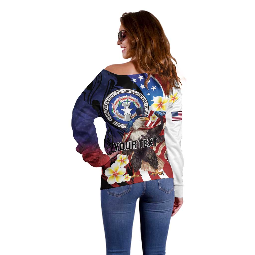 Personalized Northern Mariana Islands 4th of July Off Shoulder Sweater Plumeria USA Eagle