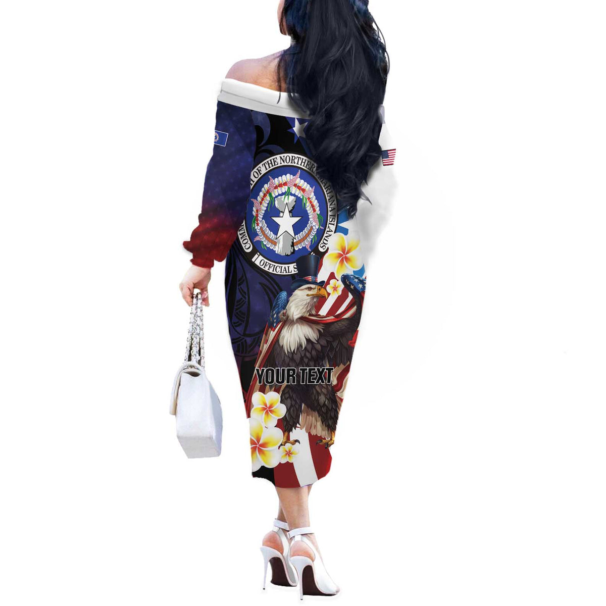 Personalized Northern Mariana Islands 4th of July Off The Shoulder Long Sleeve Dress Plumeria USA Eagle