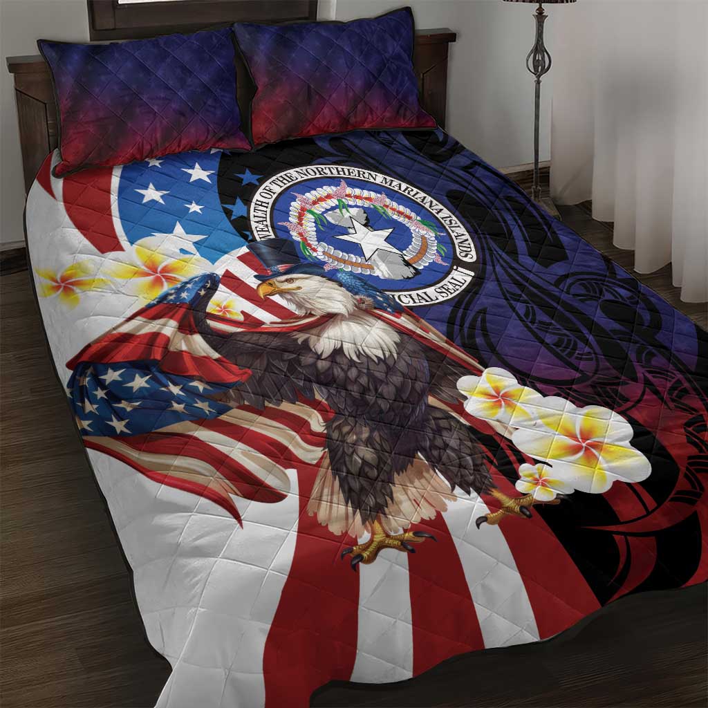 Northern Mariana Islands 4th of July Quilt Bed Set Plumeria USA Eagle LT01 Multicolor - Polynesian Pride