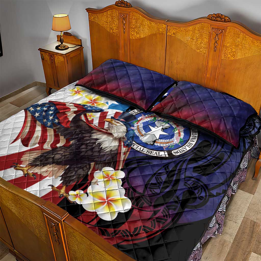 Northern Mariana Islands 4th of July Quilt Bed Set Plumeria USA Eagle