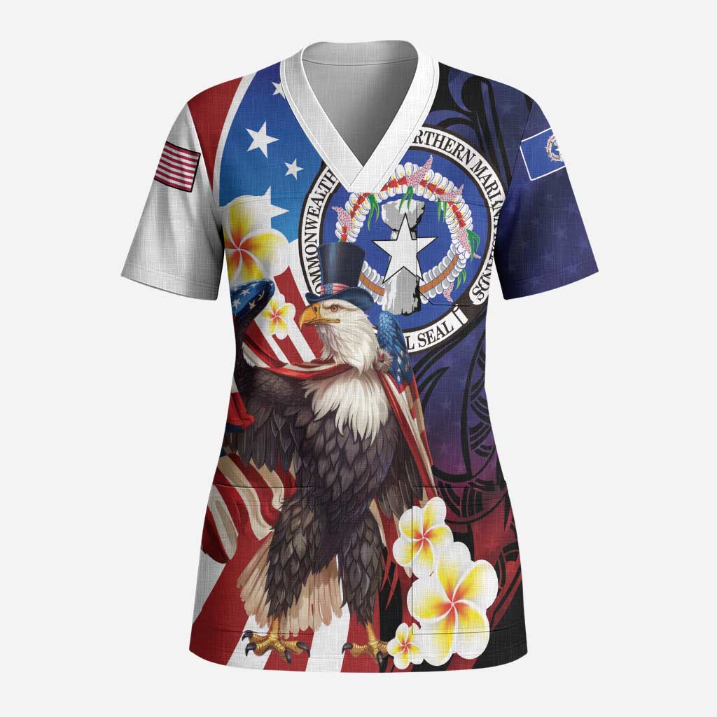 Personalized Northern Mariana Islands 4th of July Scrub Top Plumeria USA Eagle - Polynesian Pride