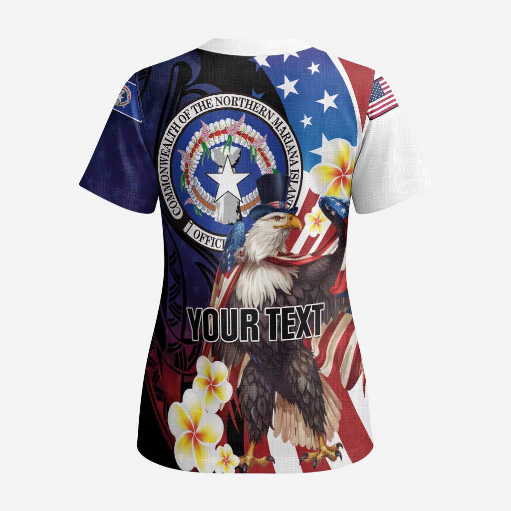 Personalized Northern Mariana Islands 4th of July Scrub Top Plumeria USA Eagle - Polynesian Pride