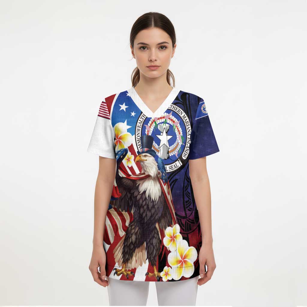 Personalized Northern Mariana Islands 4th of July Scrub Top Plumeria USA Eagle - Polynesian Pride