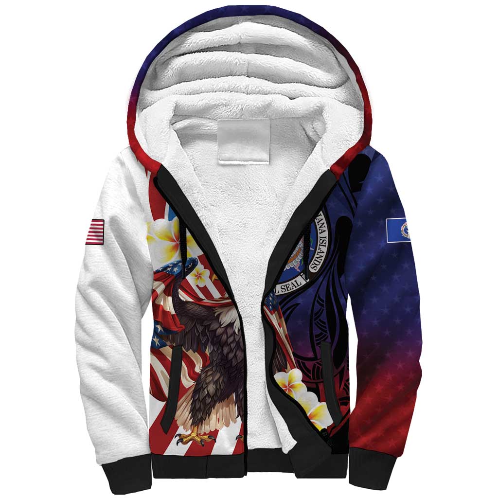 Personalized Northern Mariana Islands 4th of July Sherpa Hoodie Plumeria USA Eagle