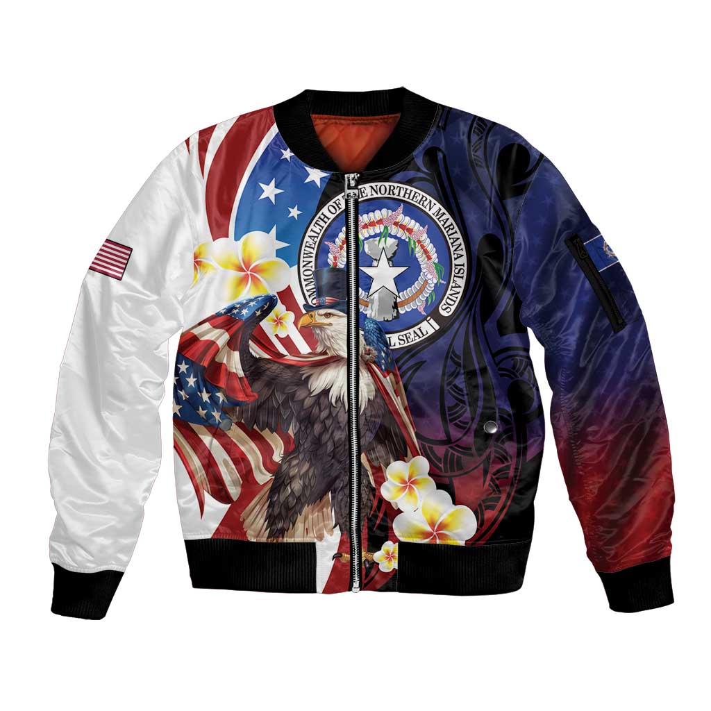 Personalized Northern Mariana Islands 4th of July Sleeve Zip Bomber Jacket Plumeria USA Eagle LT01 Unisex Multicolor - Polynesian Pride