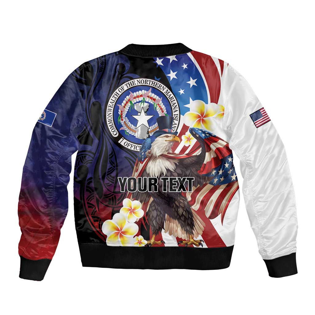 Personalized Northern Mariana Islands 4th of July Sleeve Zip Bomber Jacket Plumeria USA Eagle LT01 - Polynesian Pride