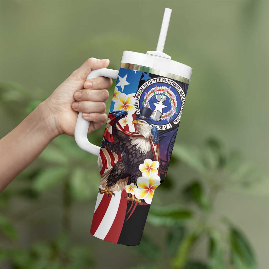 Personalized Northern Mariana Islands 4th of July Tumbler With Handle Plumeria USA Eagle