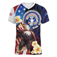 Personalized Northern Mariana Islands 4th of July Women V-Neck T-Shirt Plumeria USA Eagle