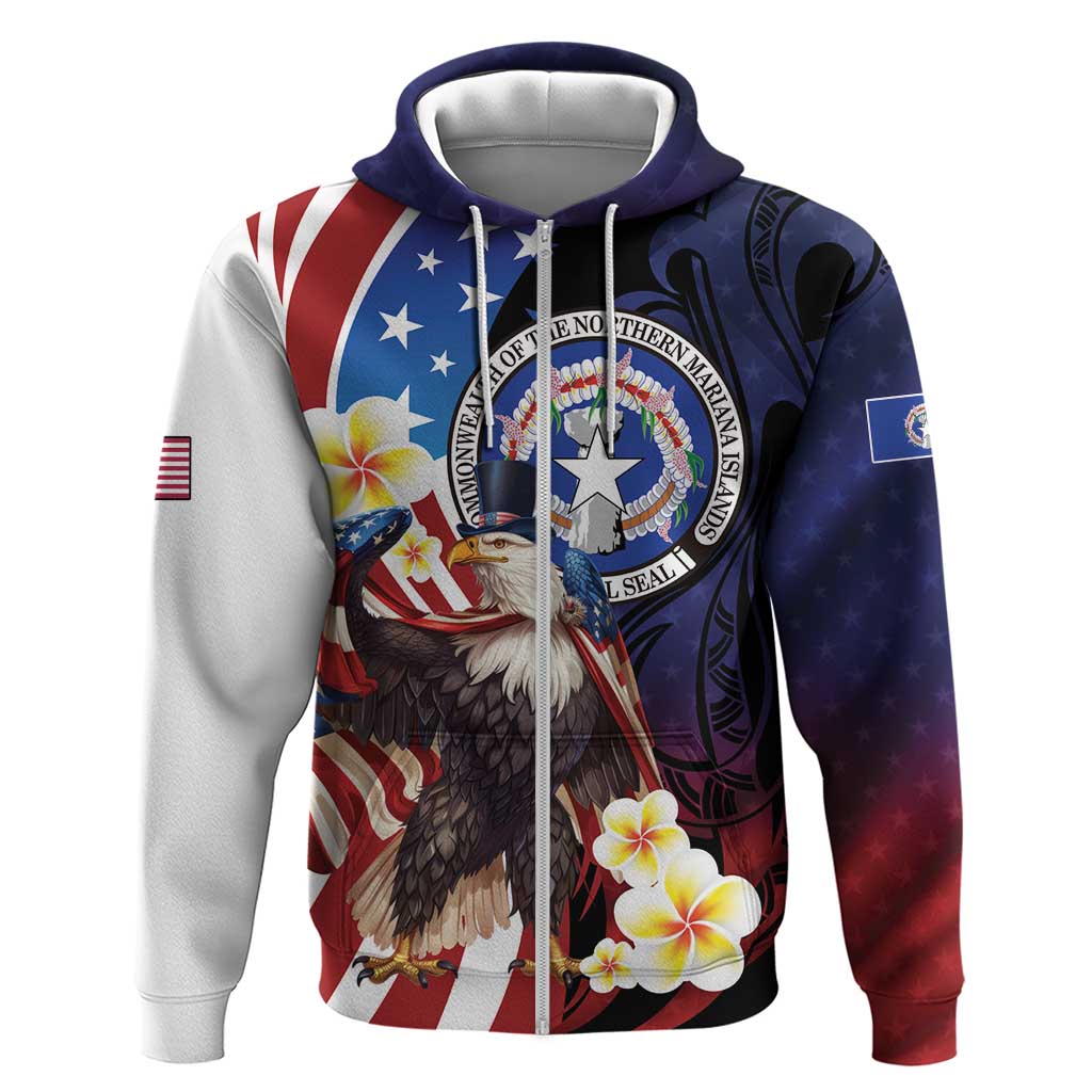 Personalized Northern Mariana Islands 4th of July Zip Hoodie Plumeria USA Eagle LT01 Zip Hoodie Multicolor - Polynesian Pride