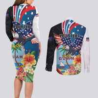 Personalized Guam Fourth of July Couples Matching Long Sleeve Bodycon Dress and Long Sleeve Button Shirt Tropical Flowers