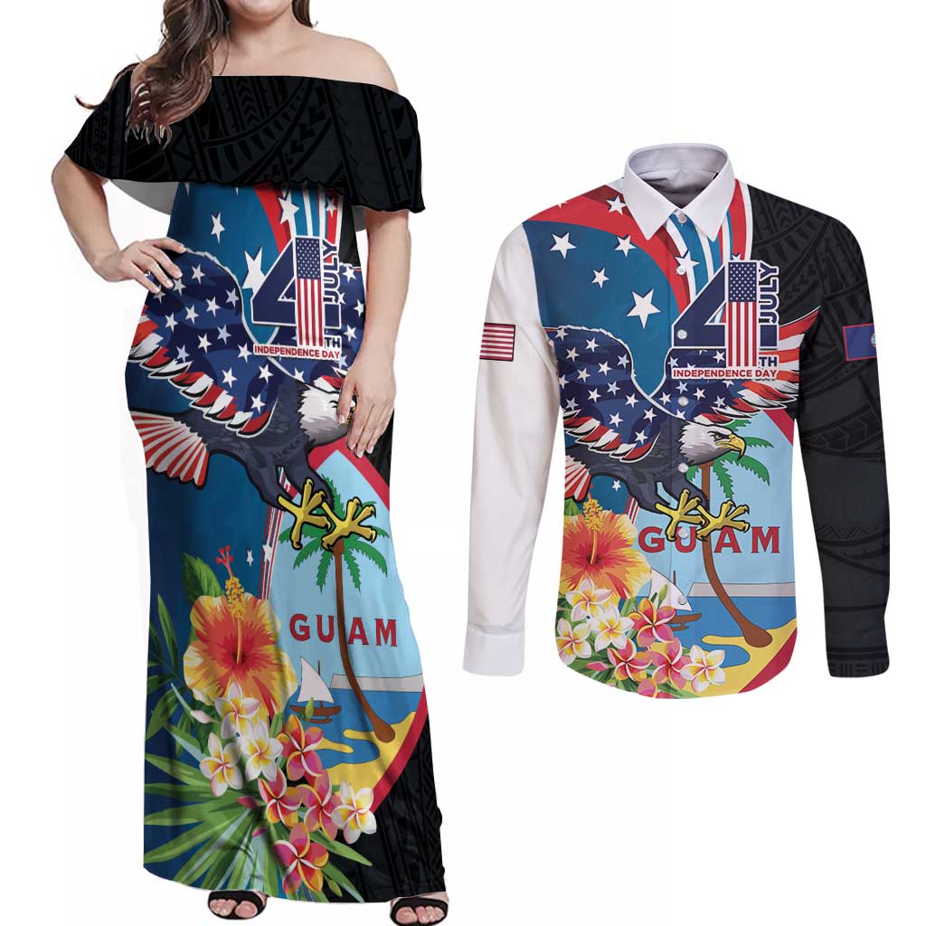 Personalized Guam Fourth of July Couples Matching Off Shoulder Maxi Dress and Long Sleeve Button Shirt Tropical Flowers