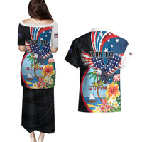 Personalized Guam Fourth of July Couples Matching Puletasi and Hawaiian Shirt Tropical Flowers
