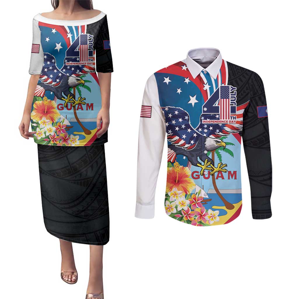 Personalized Guam Fourth of July Couples Matching Puletasi and Long Sleeve Button Shirt Tropical Flowers