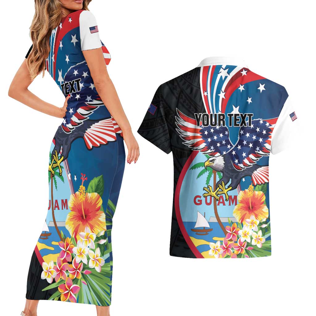 Personalized Guam Fourth of July Couples Matching Short Sleeve Bodycon Dress and Hawaiian Shirt Tropical Flowers