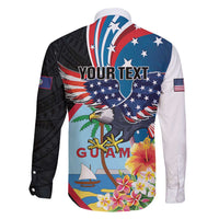 Personalized Guam Fourth of July Family Matching Long Sleeve Bodycon Dress and Hawaiian Shirt Tropical Flowers