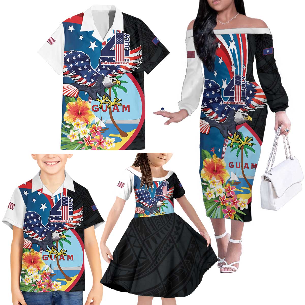 Personalized Guam Fourth of July Family Matching Off The Shoulder Long Sleeve Dress and Hawaiian Shirt Tropical Flowers