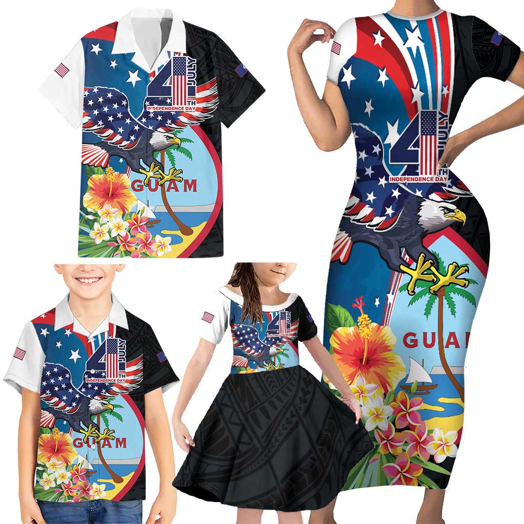 Personalized Guam Fourth of July Family Matching Short Sleeve Bodycon Dress and Hawaiian Shirt Tropical Flowers