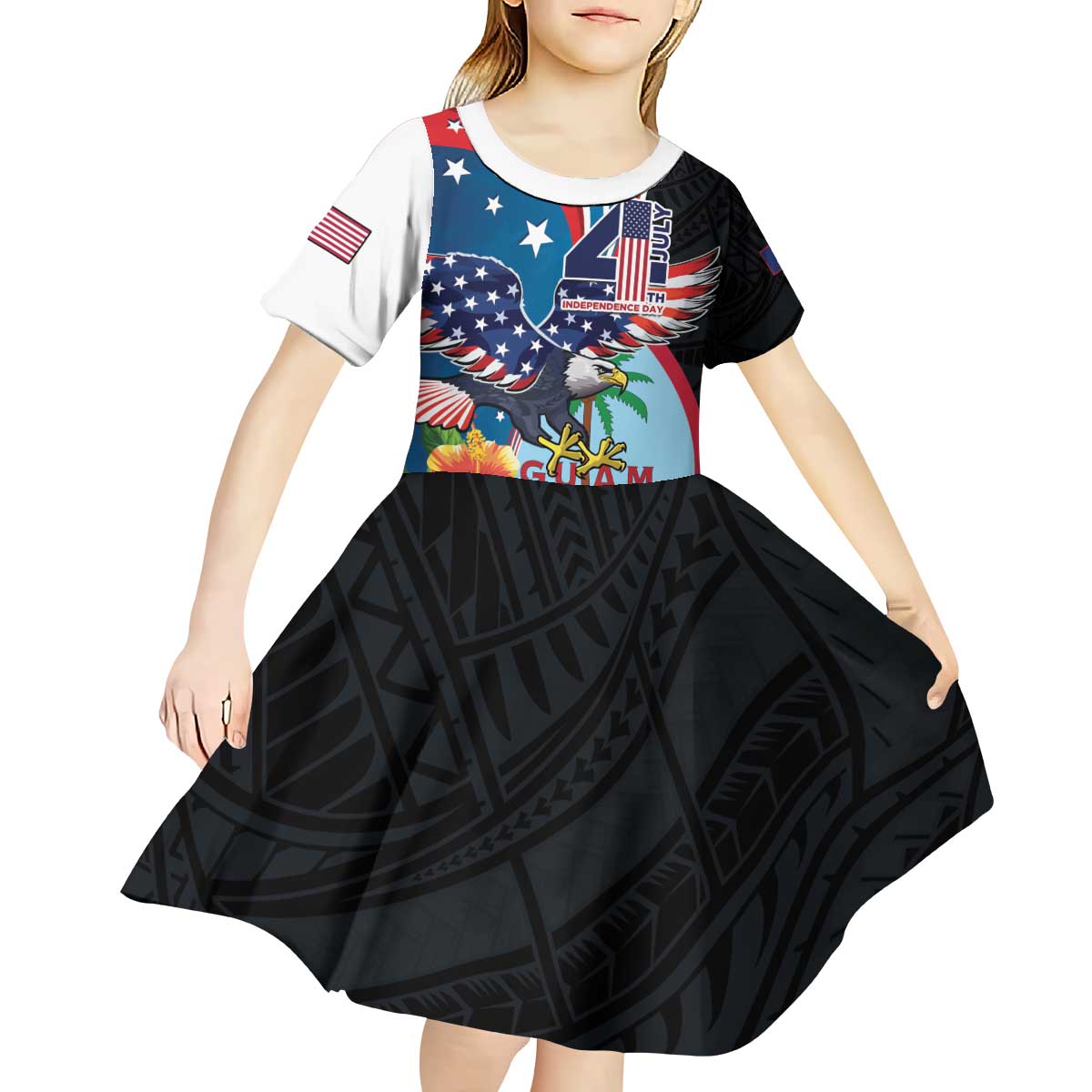 Personalized Guam Fourth of July Kid Short Sleeve Dress Tropical Flowers