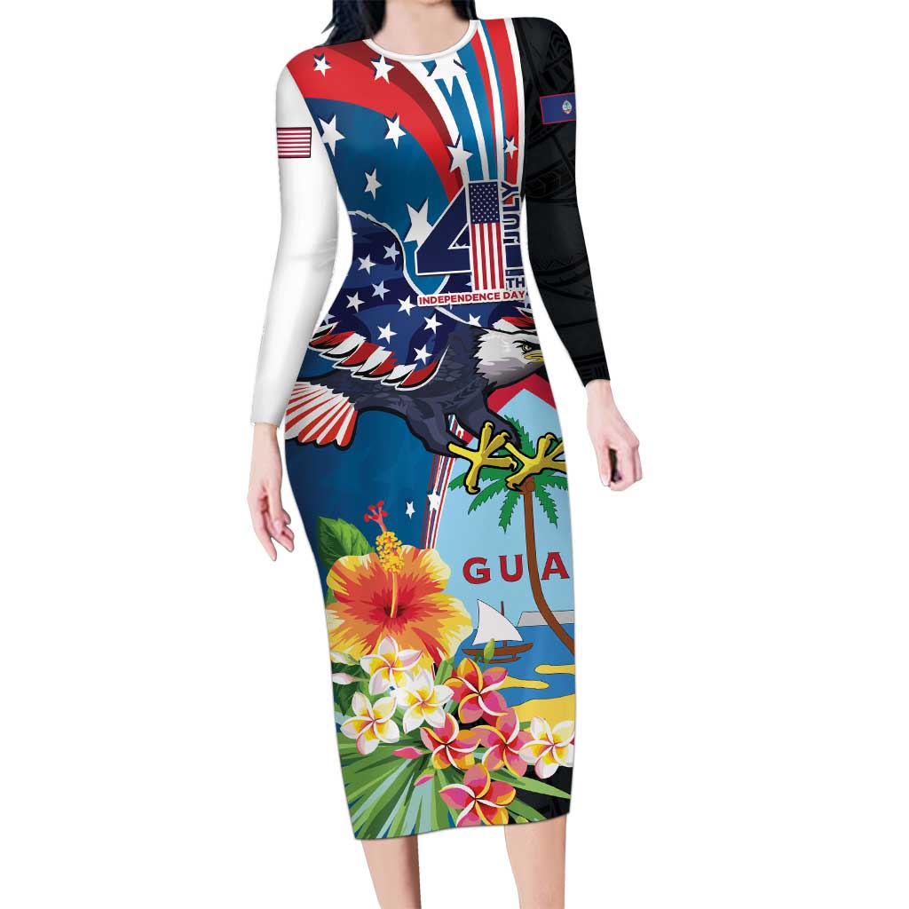 Personalized Guam Fourth of July Long Sleeve Bodycon Dress Tropical Flowers 