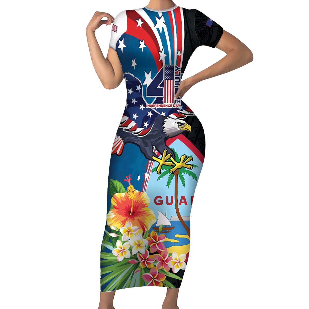 Personalized Guam Fourth of July Short Sleeve Bodycon Dress Tropical Flowers