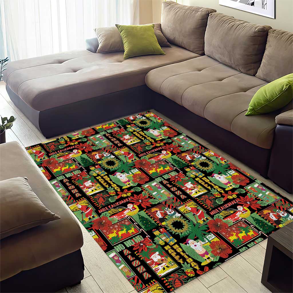 Hawaiian Santa Christmas Pattern Area Rug Black Version - Polynesian Pride