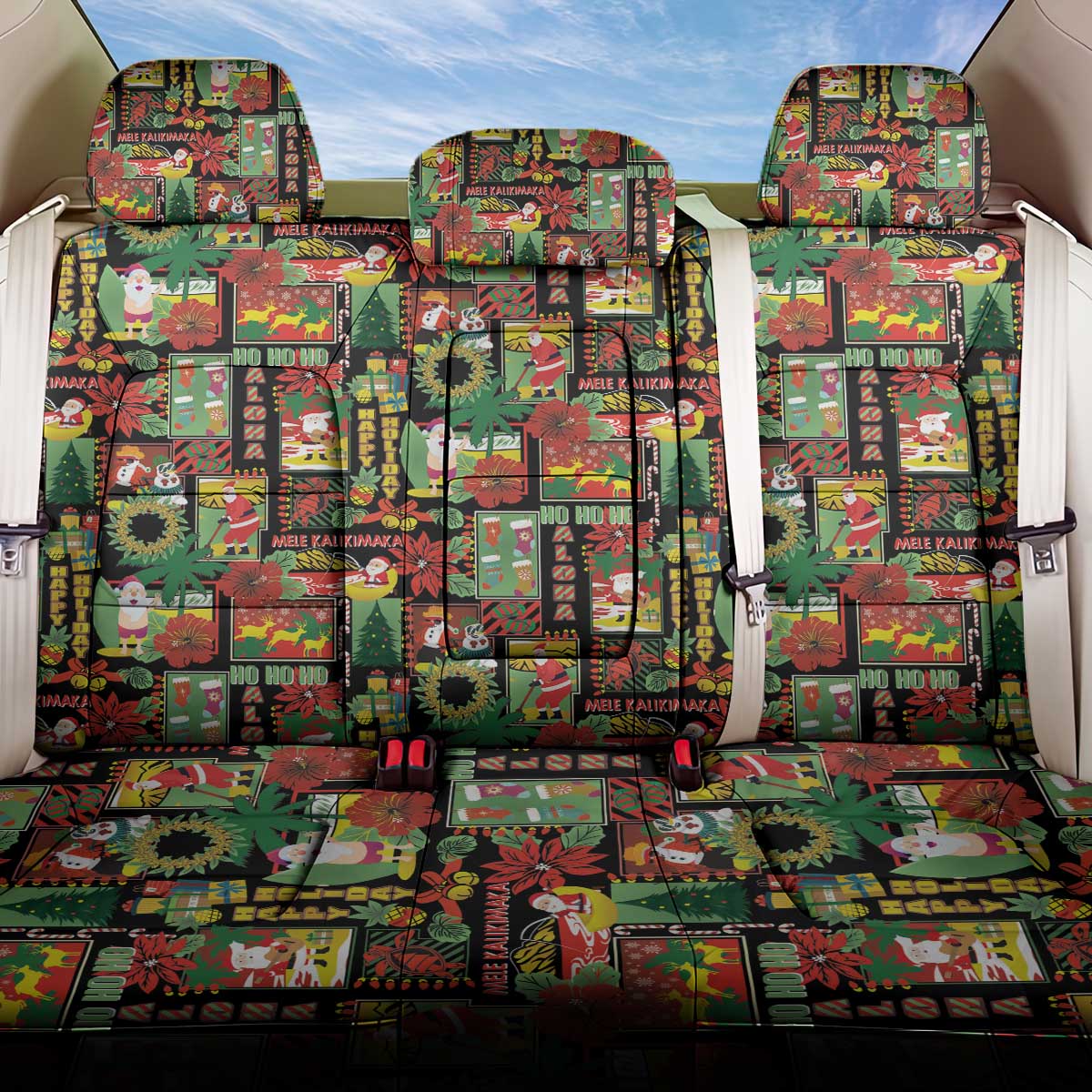 Hawaiian Santa Christmas Pattern Back Car Seat Cover Black Version - Polynesian Pride