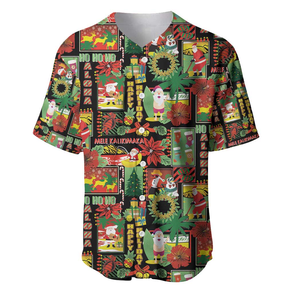Hawaiian Santa Christmas Pattern Baseball Jersey Black Version - Polynesian Pride