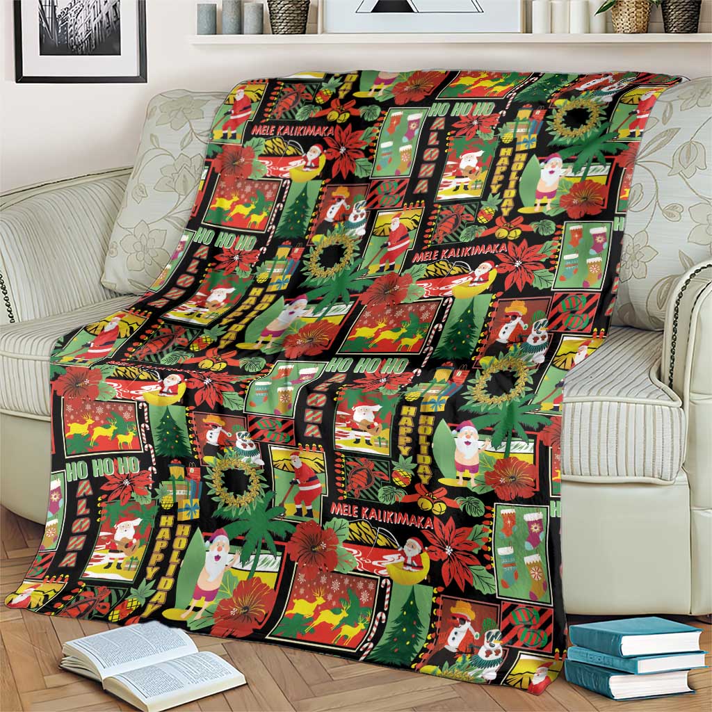 Hawaiian Santa Christmas Pattern Blanket Black Version - Polynesian Pride